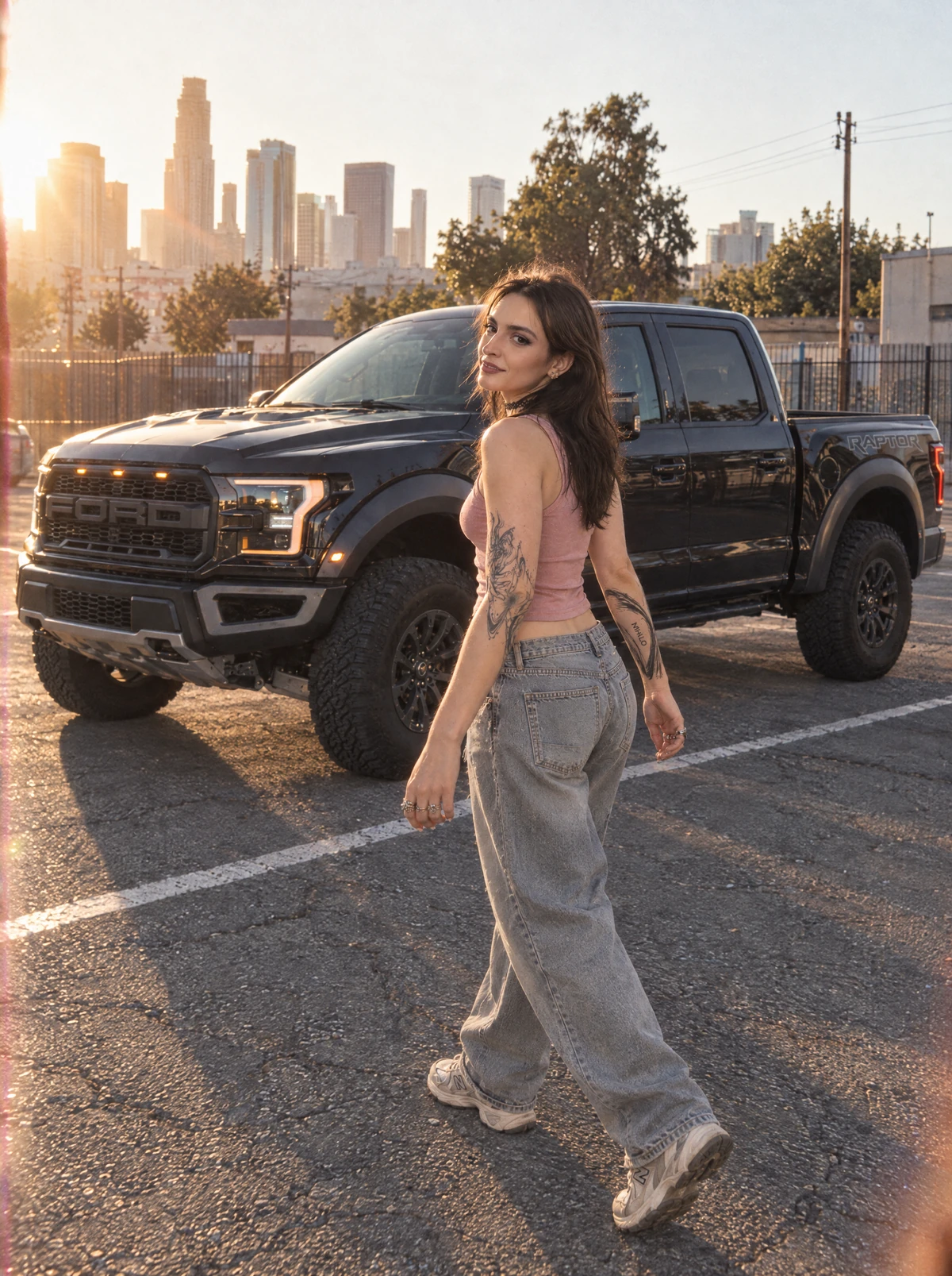 A full-length walking pose with the black Raptor grille, four-door cab, wheels and bed in view.