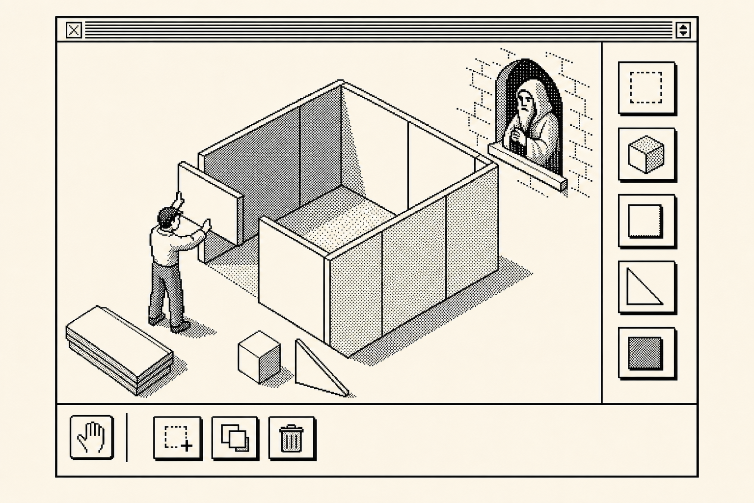 A non-identifying System 7 architect arranging a protective boundary while an oracle figure watches