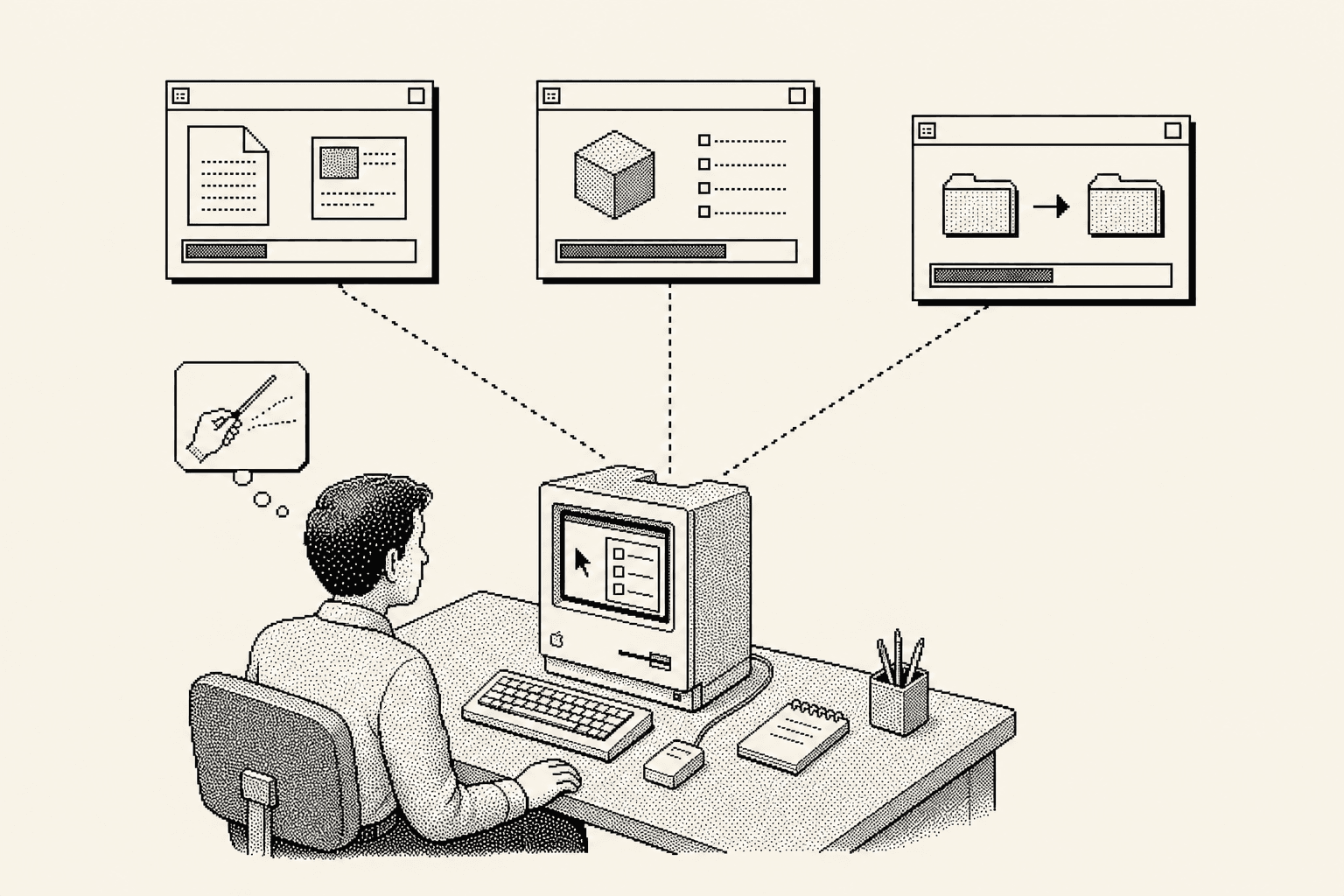 The orchestrator sits in the chair while background workers carry out defined tasks.