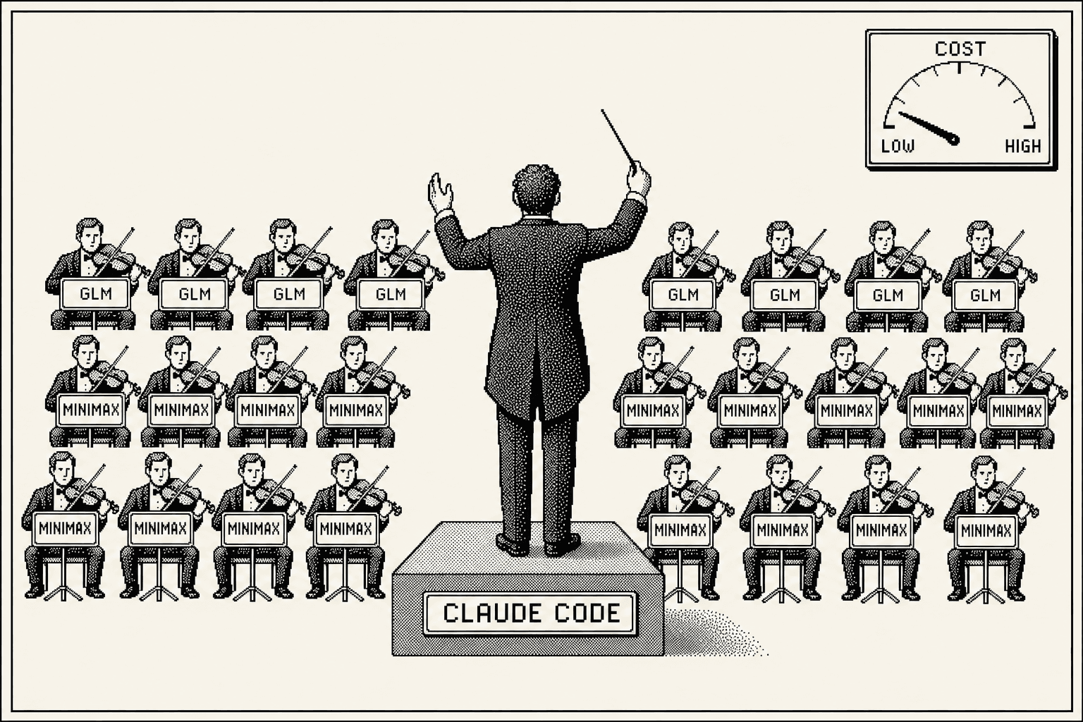 A System 7 concert scene: one conductor labelled CLAUDE CODE, an orchestra of identical players badged GLM and MINIMAX.