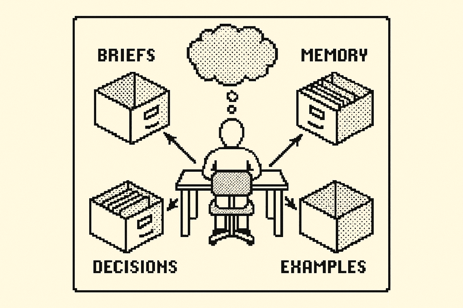 A figure surrounded by labelled drawers of briefs, notes and decisions