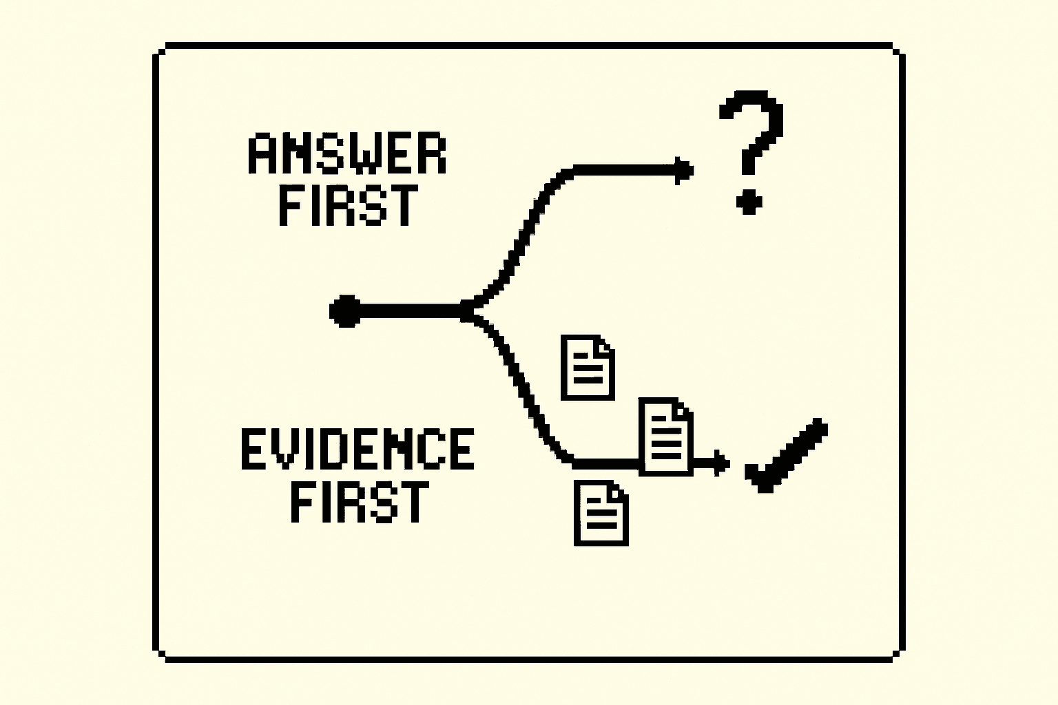 Two paths, one starting from a guess and one starting from evidence, ending at different answers