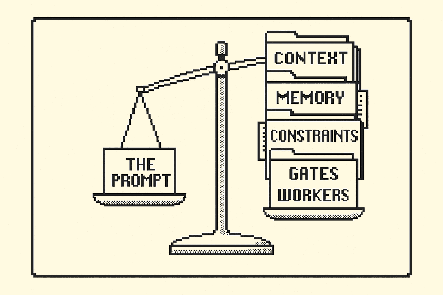 A tiny one-line prompt on one side, weighed against a tall stack of context, constraints, memory, gates and workers on the other