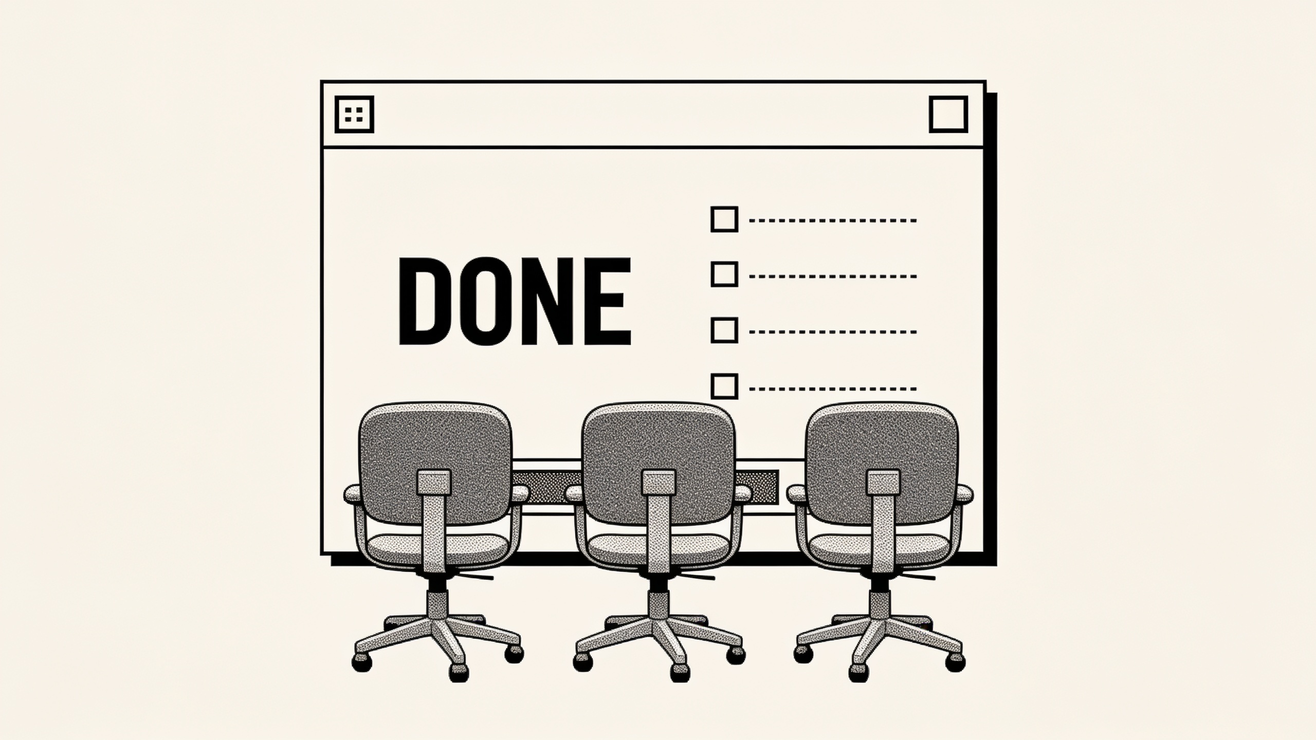 A large window labeled DONE sits behind three empty office chairs.