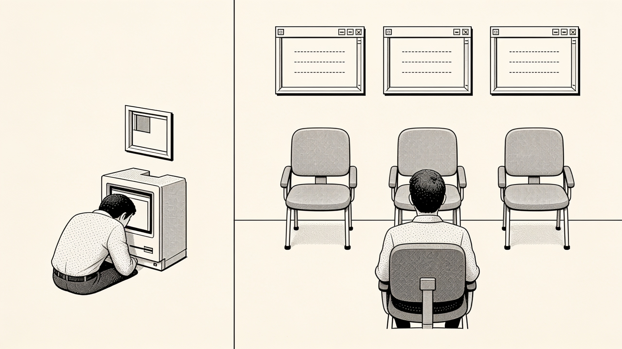 Left: one person hunched at a single CRT. Right: a person in a chair facing three empty seats and three windows.
