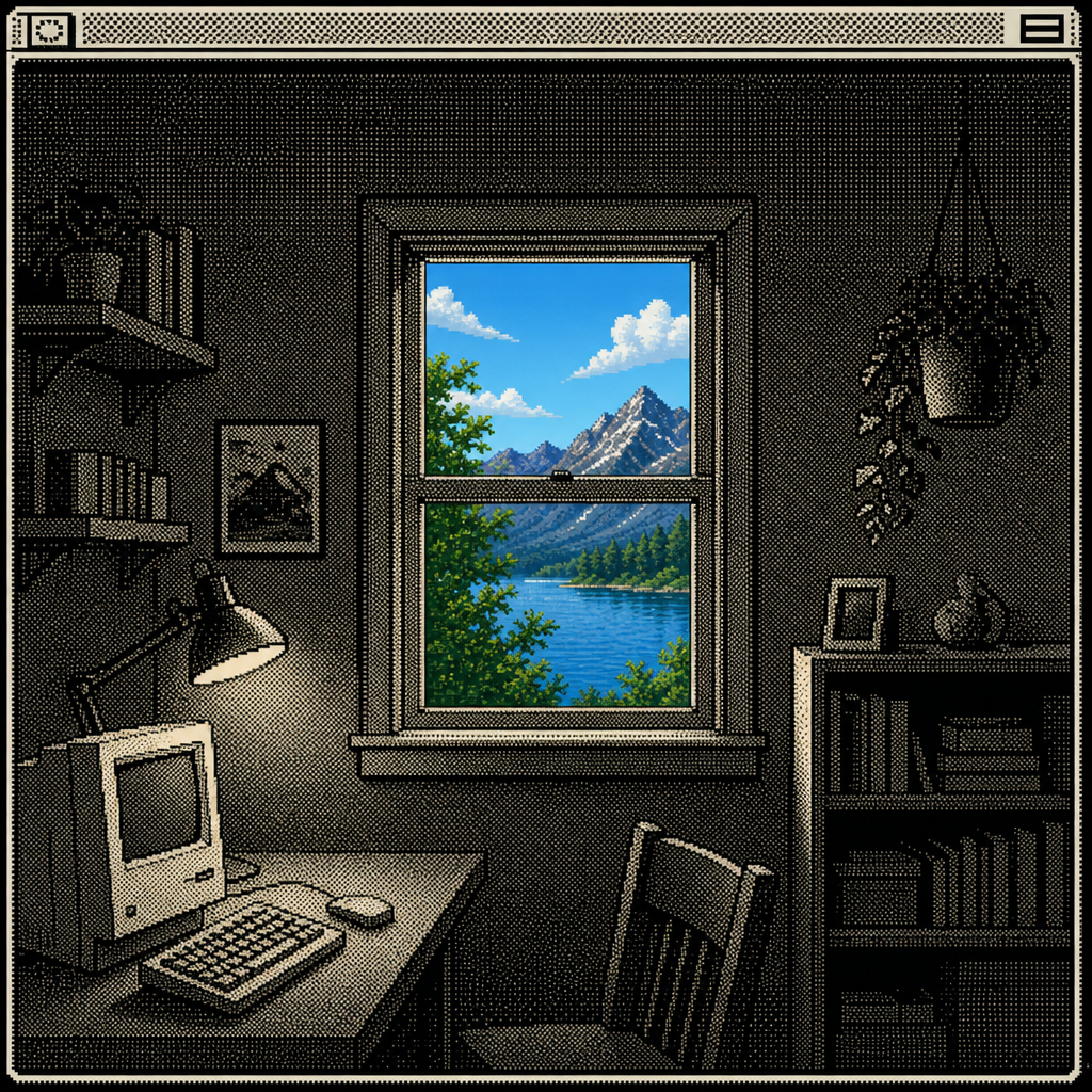 A dim warm-tinted room with one bright, clear, true-colour rectangular window cut through the warmth, showing accurate colour inside it. System-7 8-bit pixel art style.